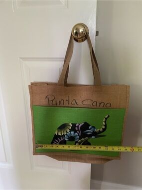Punta Cana Jute Tote Bag with Green Floral Elephant Panel